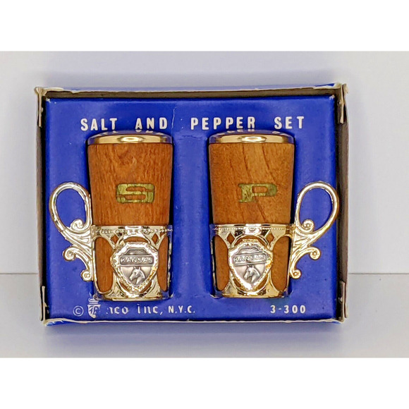Kansas Horse Salt Pepper Set Wood in Metal Holders 2.5" Tall - Picture 2 of 4